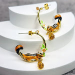 Handpainted Chipmunk Enamel Hoop Earrings – Gold & Crystal Drop