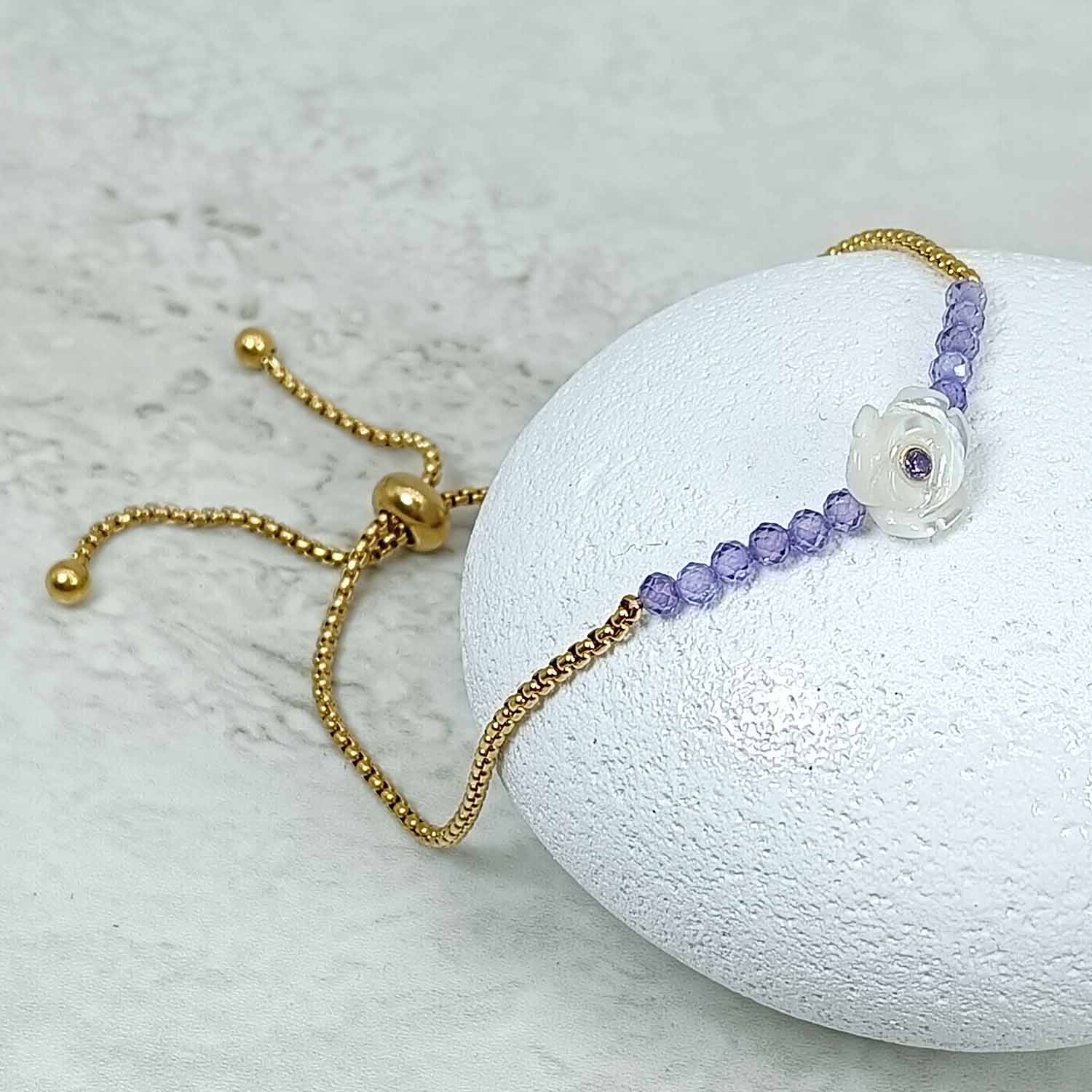 12 Birthstone Mother of Pearl Flower Bracelet – Adjustable Stainless Steel Slider
