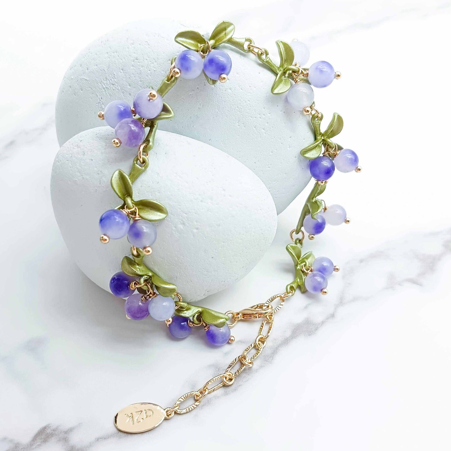 Purple Berry Garden Bracelet – Semi-Precious Stones & Enamel Leaves