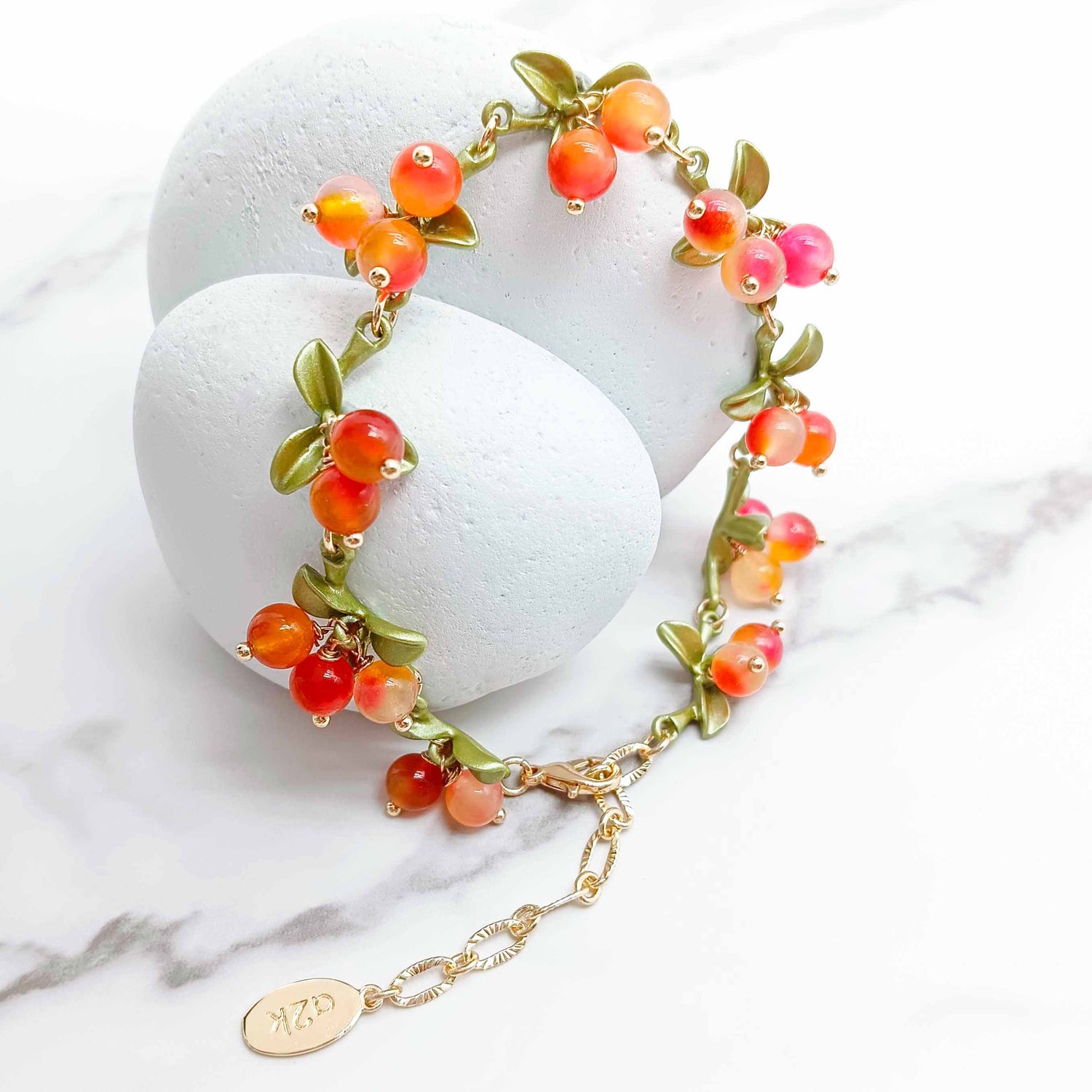 Orange Berry Garden Necklace – Semi-Precious Stone & Enamel Leaf Design | Gold-Plated Brass