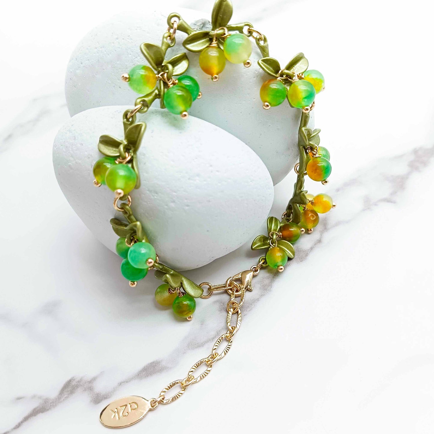Green & Yellow Berry Garden Bracelet – Semi-Precious Stone & Enamel Leaves