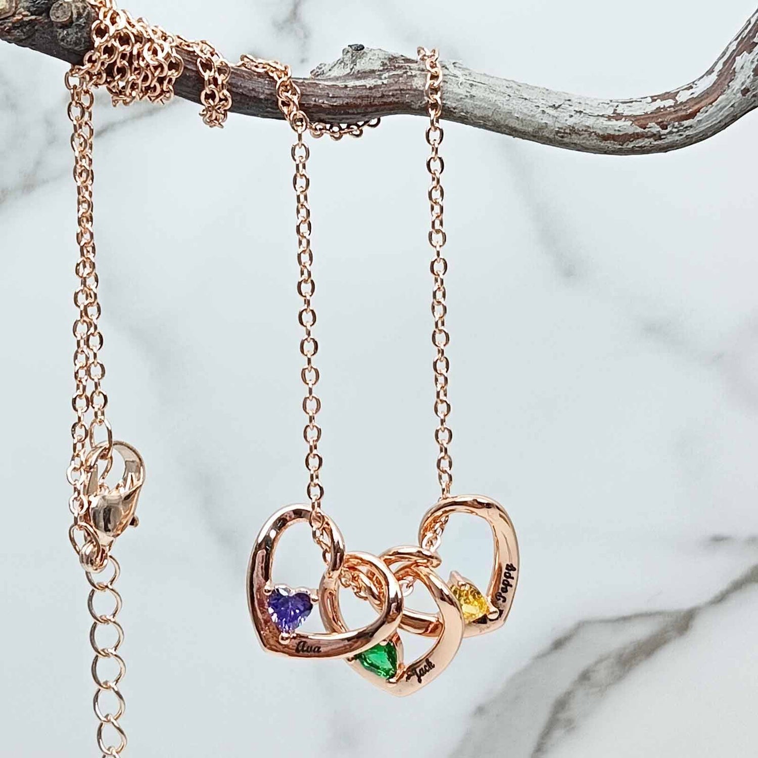 Custom Heart Birthstone Necklace with Names – 12 Months, 3 Plating Options