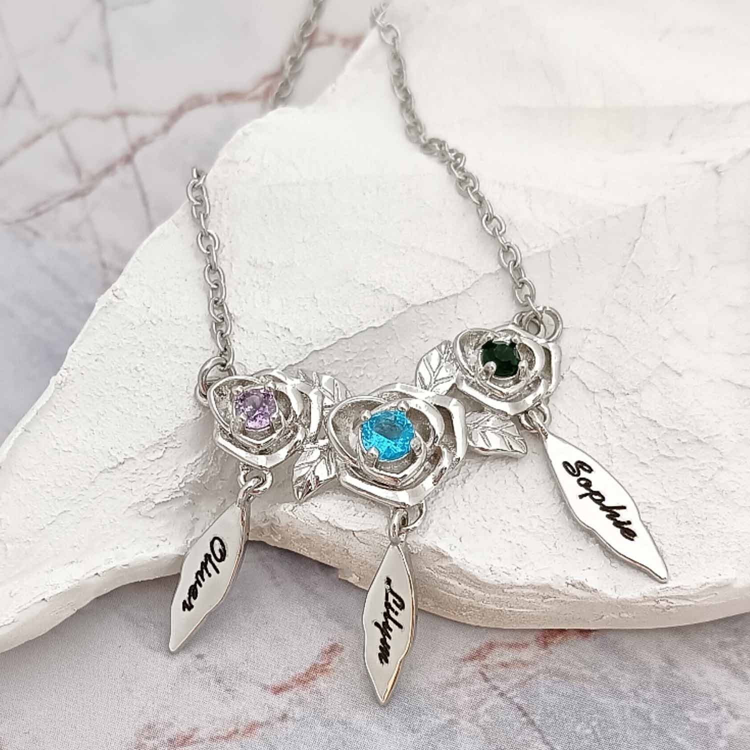 Custom Birthstone Flower Necklace with Name Engraving – Up to 5 Flowers