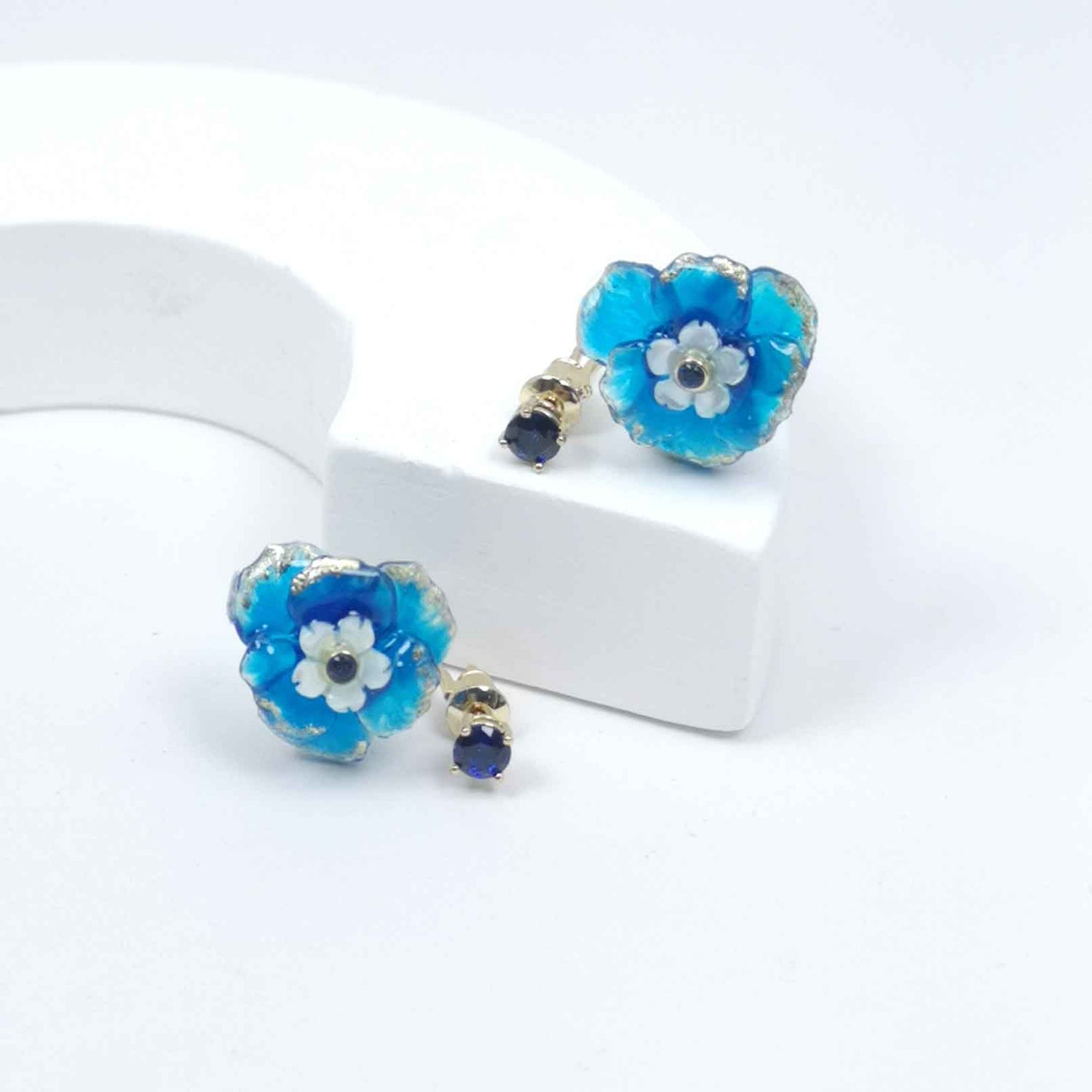 Blue Bloom Jacket Earrings – Handpainted Resin Floral Studs with Drop Design