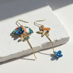 Mismatched hydrangea and crane enamel earrings in gold plating with pearls by A2K London