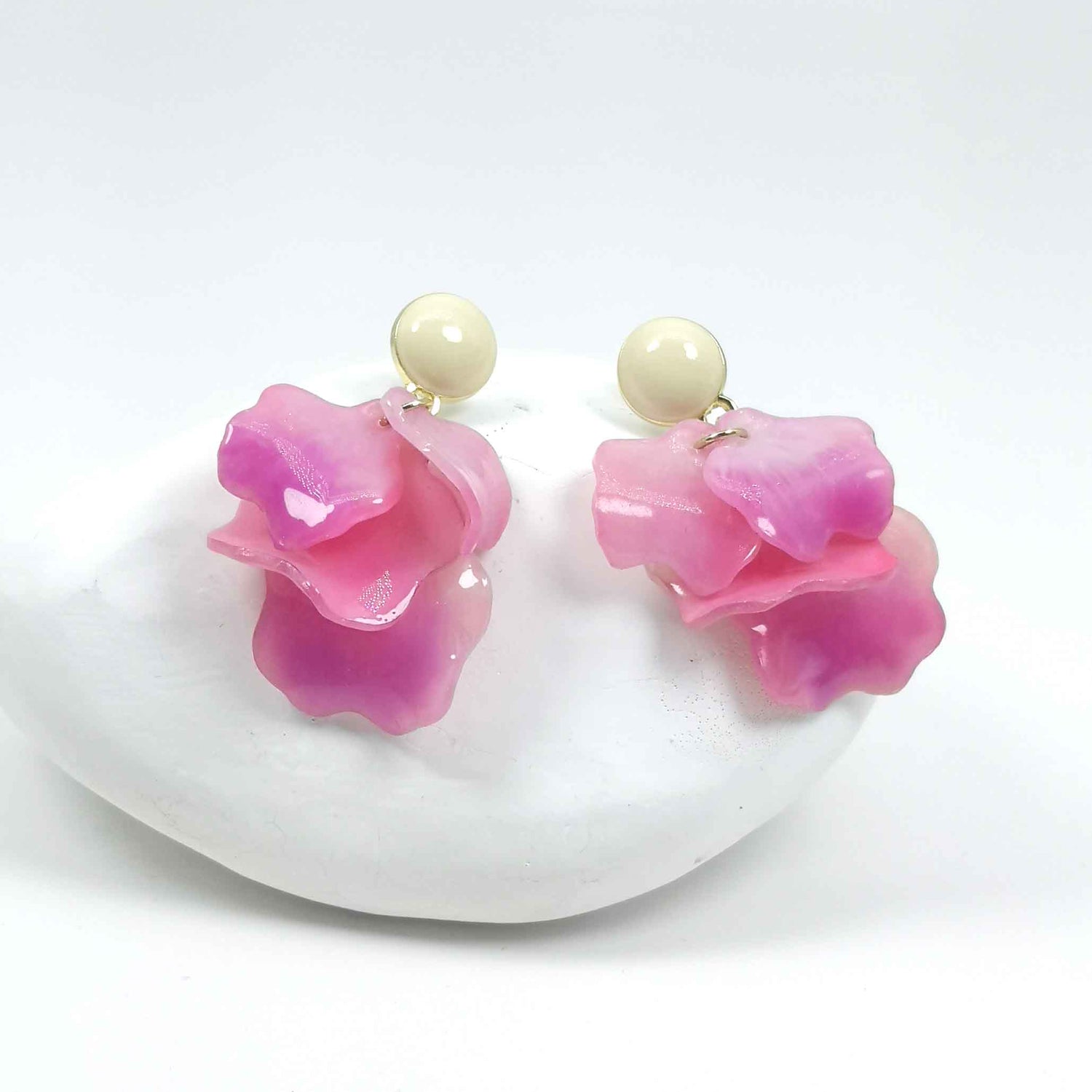 Pink Layered Flower Drop Earrings – Handpainted Resin Petals, Gold Plated Studs