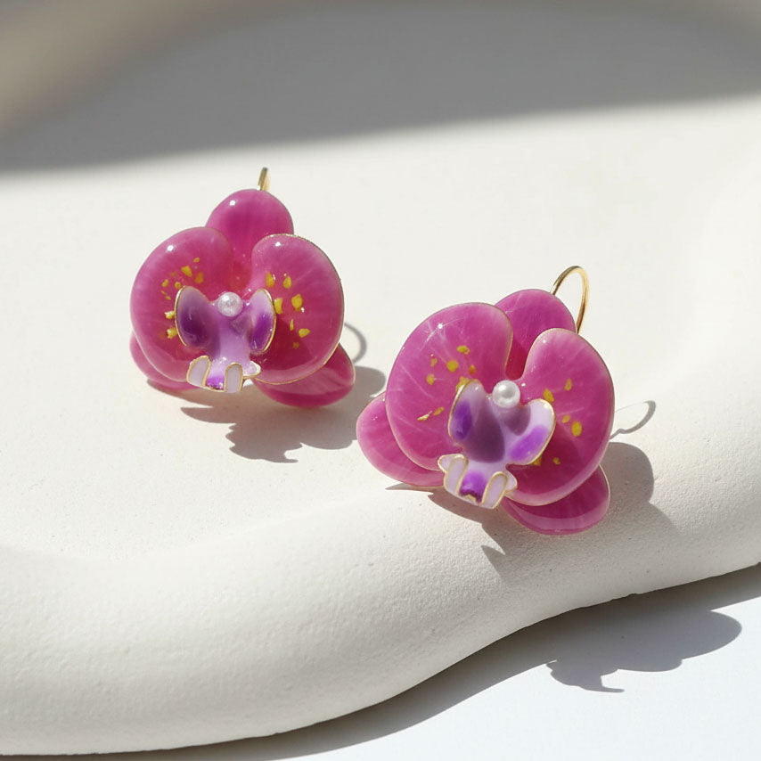 Pink Orchid Bloom Resin Earrings – 18K Gold Plated Stainless Steel Hooks