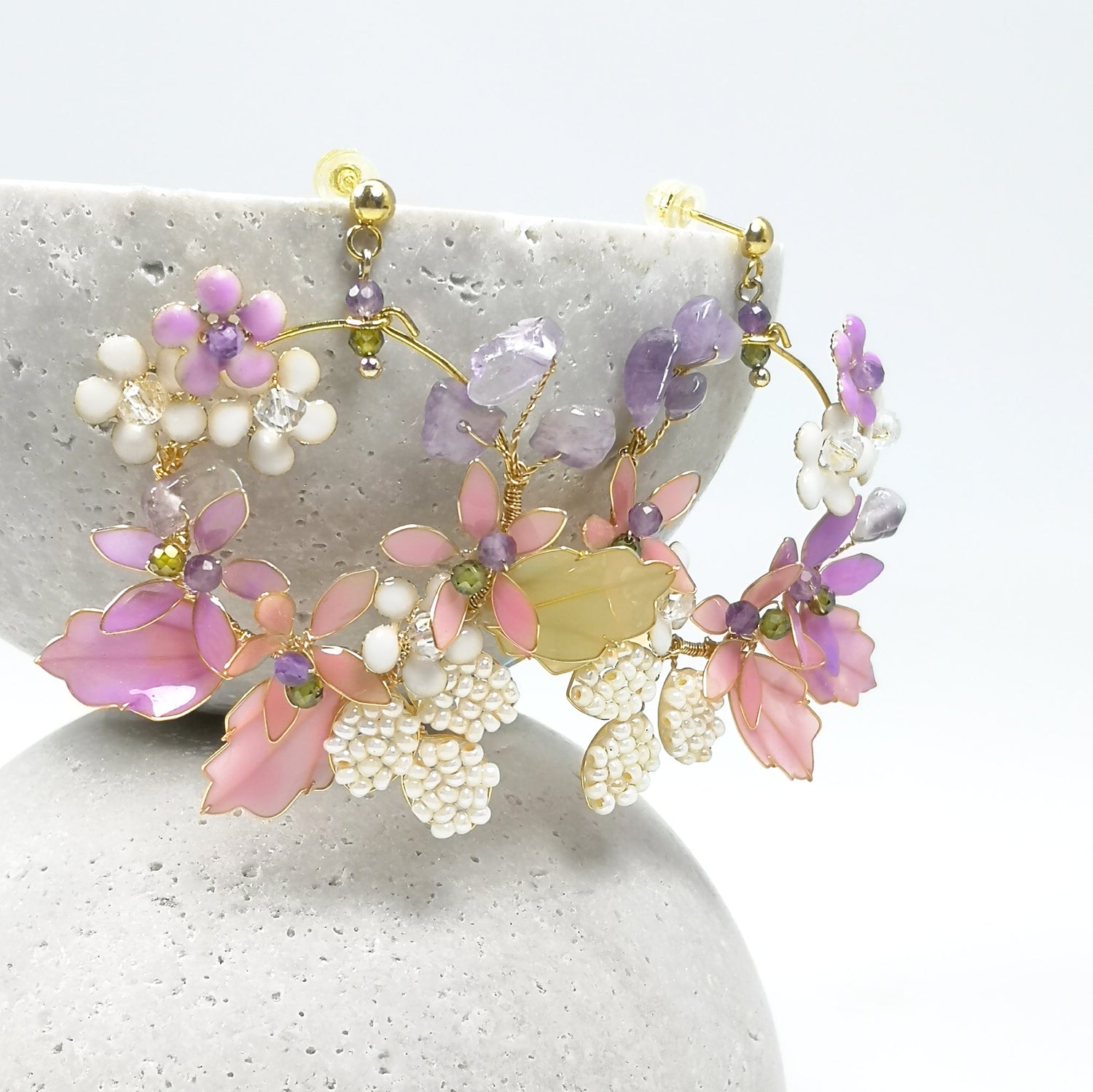 Handcrafted Garden Bloom Hoop Earrings – Pastel Floral, Pearl & Crystal Beaded Statement