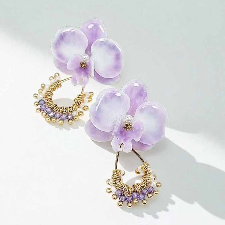 Lilac Orchid Resin Earrings – Hand-Painted Floral with Beaded Gold Hoop