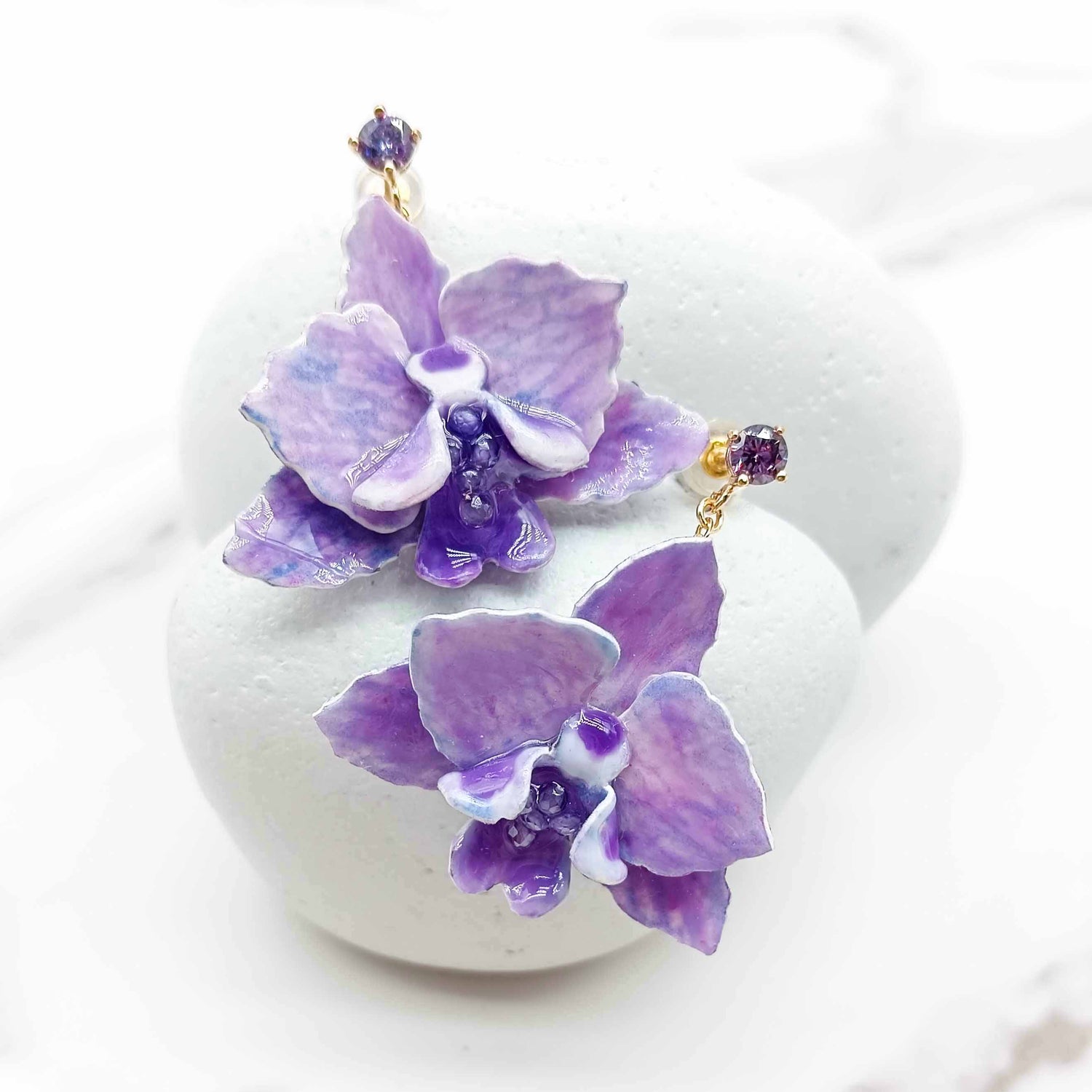 Handpainted Purple Orchid Flower Earrings – 18K Gold-Plated Studs with CZ Crystals