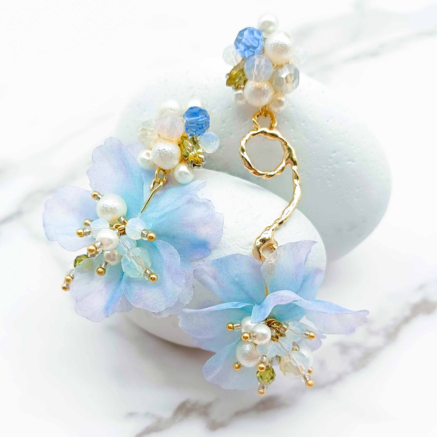 Handmade Blue Fabric Flower & Glass Bead Earrings – Long Dangle Floral Statement Jewelry