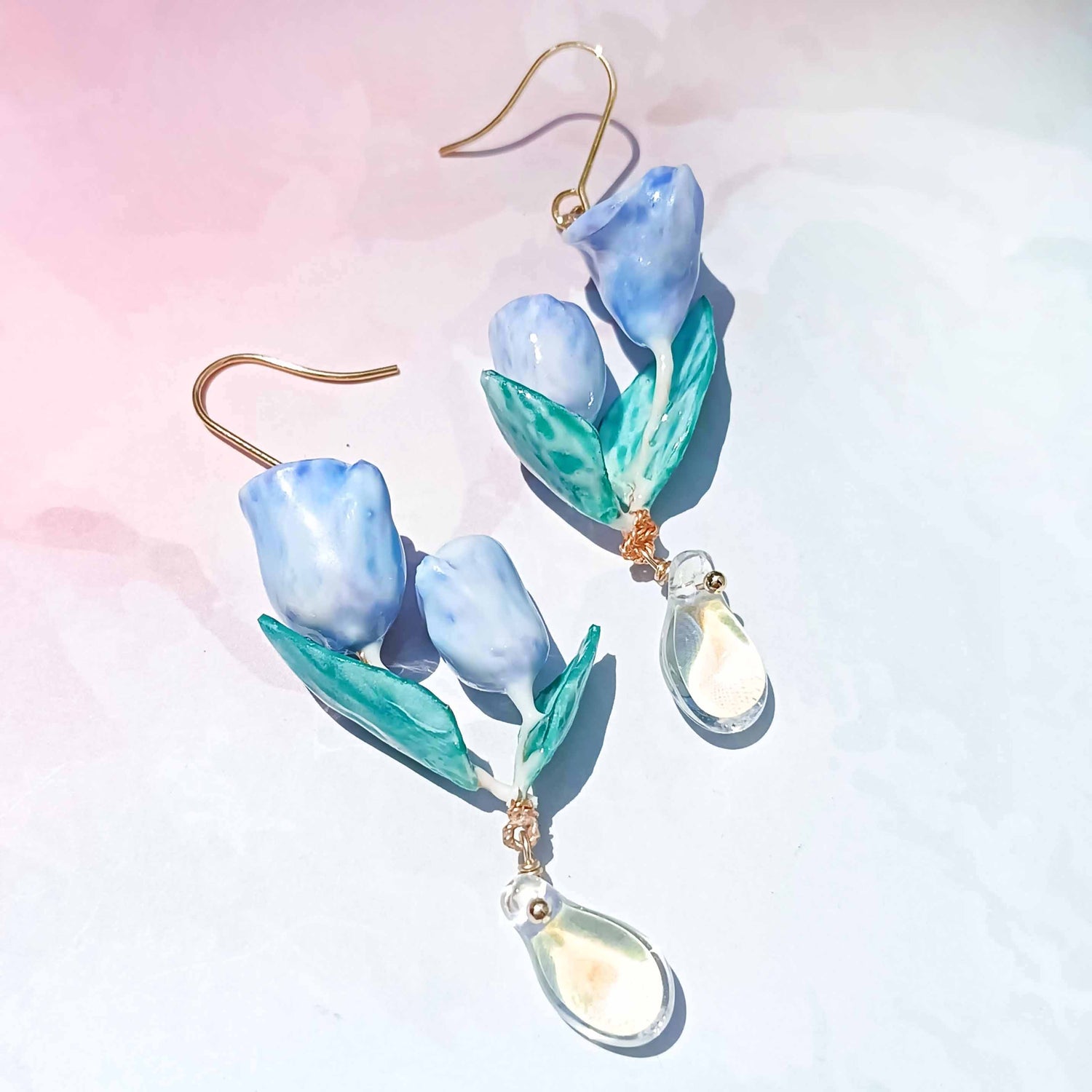 Blue Tulip Drop Earrings – Hand-Painted Enamel Flowers with Teardrop Crystal