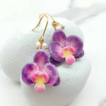Purple Orchid Flower Drop Earrings – Handcrafted Resin & Pearl | 18k Gold Plated Brass