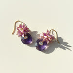 Hand-painted pink floral earrings with faceted amethyst teardrops.