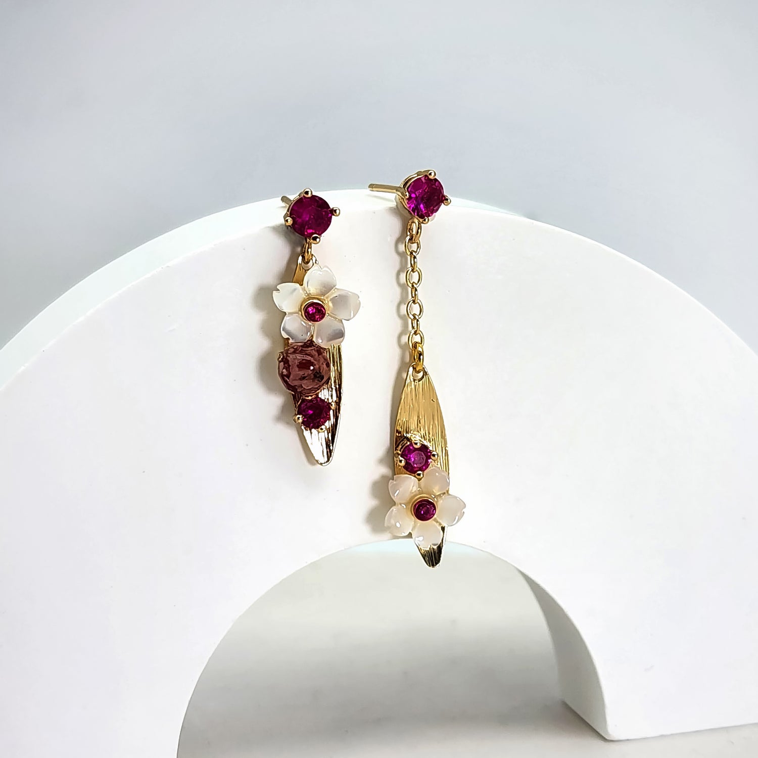 Asymmetrical Birthstone Garden Earrings – Gold-Plated Brass, Mother-of-Pearl Flowers, Semi-Precious Chips