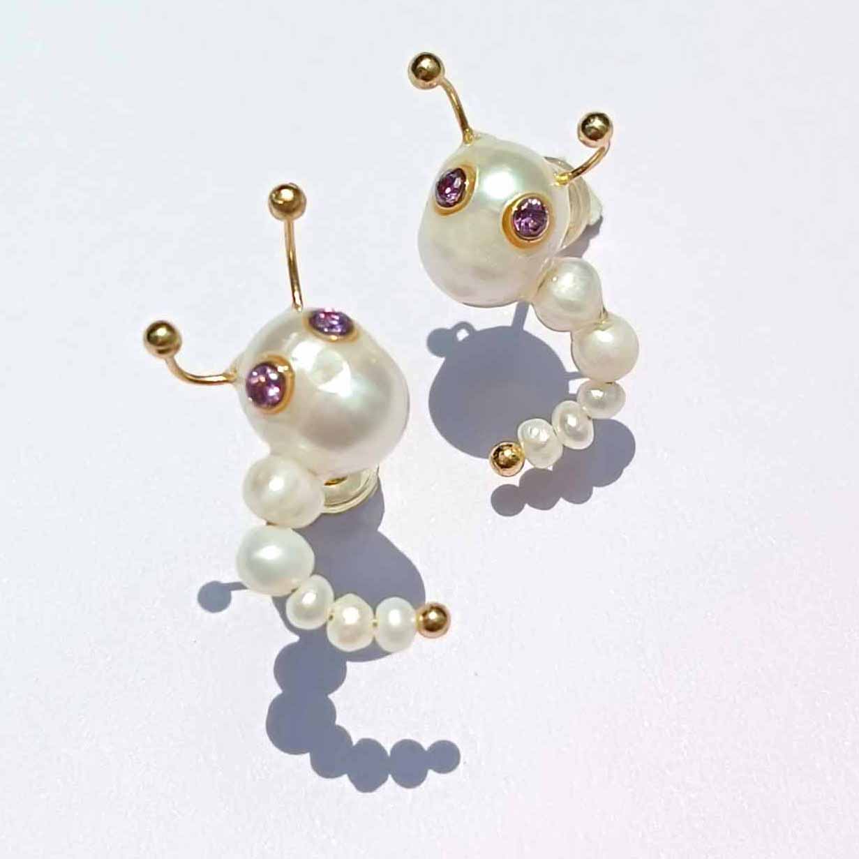 Caterpillar Stud Earrings – Freshwater Pearl & Birthstone-Inspired Design