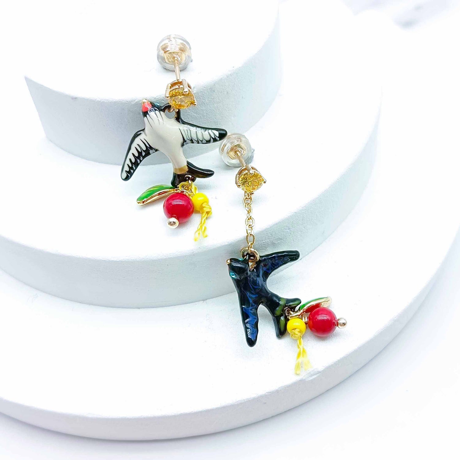 Handpainted Enamel Sparrow Earrings – Artistic Bird Drop Earrings with Colorful Bead Charms