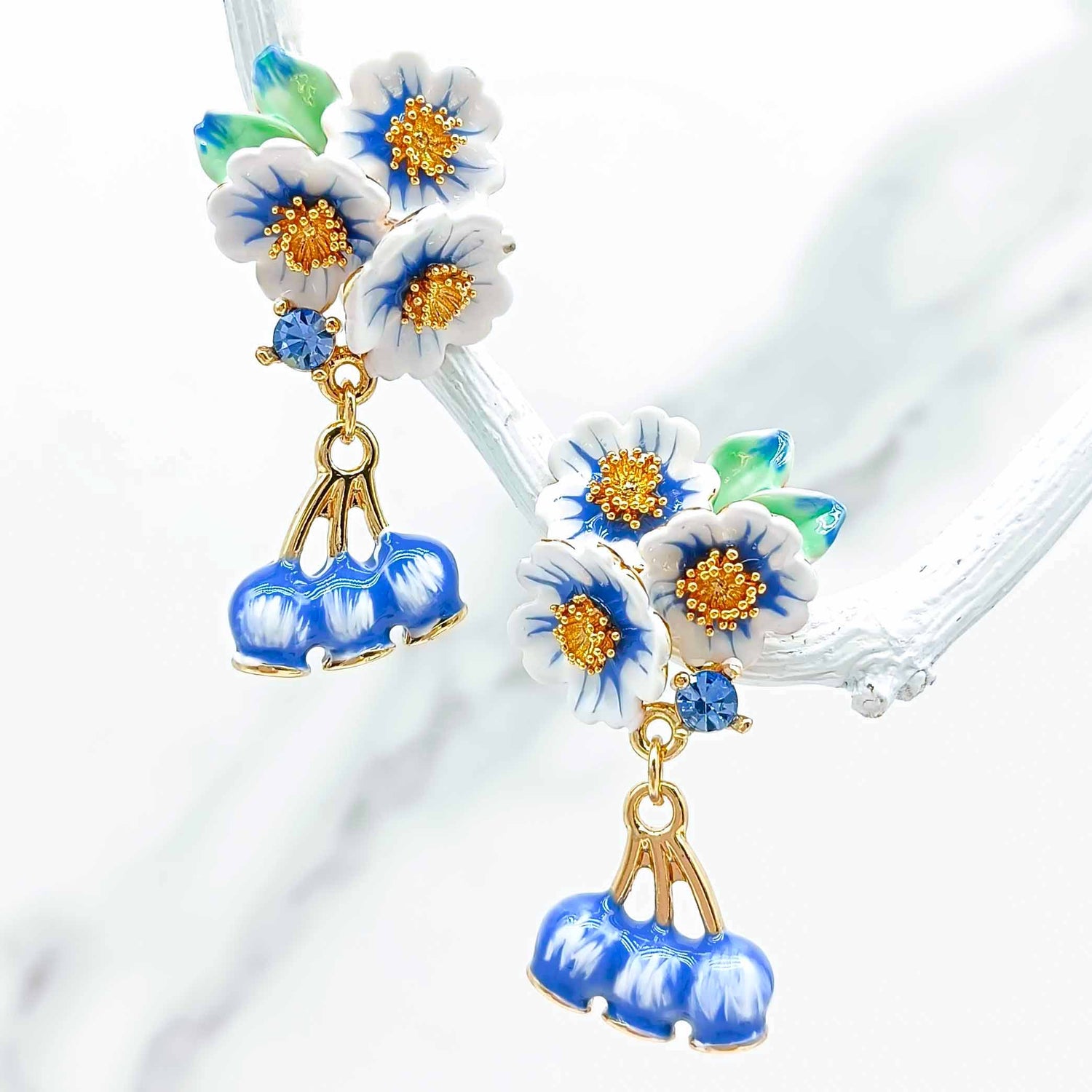 Blueberry Bloom Enamel Dangle Earrings – Handpainted Floral Statement Jewelry