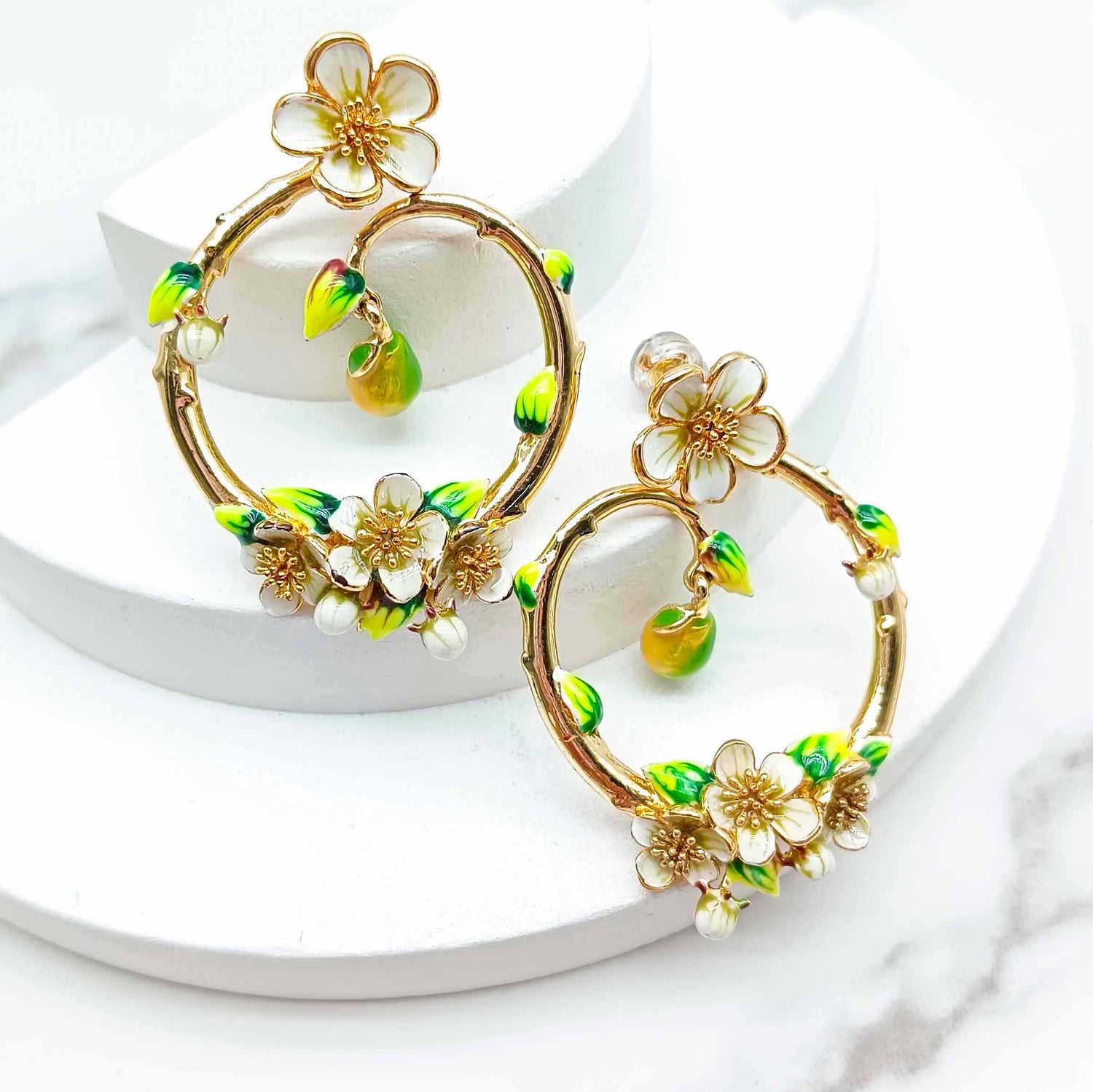 Handpainted Sakura & Pear Hoop Earrings – Floral Spring Statement Jewelry