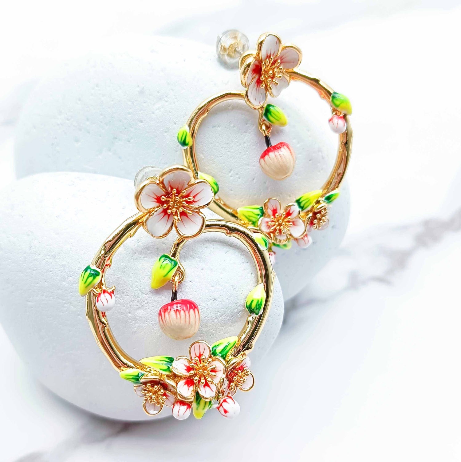 Handpainted Enamel Sakura & Apple Drop Hoop Earrings – Gold Plated Floral Statement