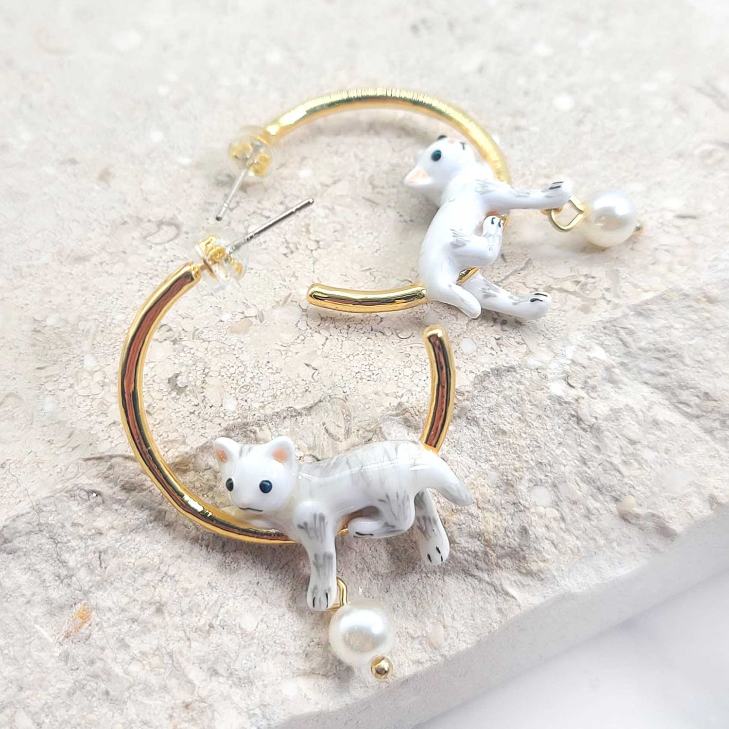 Hand-Painted Cat Hoop Earrings – Enamel White Cat with Pearl Accent, Gold-Plated Brass