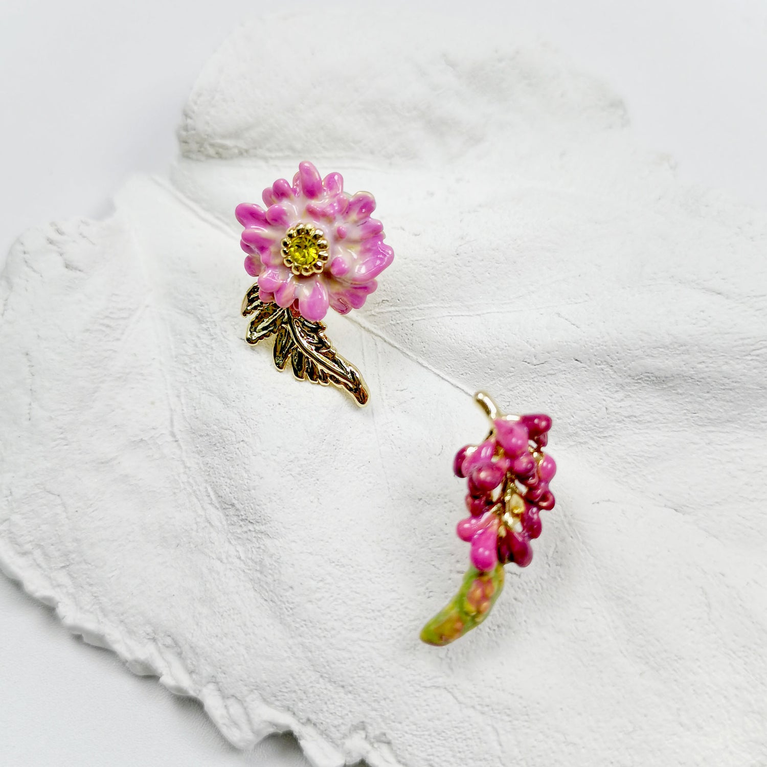 Asymmetric Pink Flower & Berry Enamel Stud Earrings – Handpainted, Gold-Plated Brass with Silver Posts