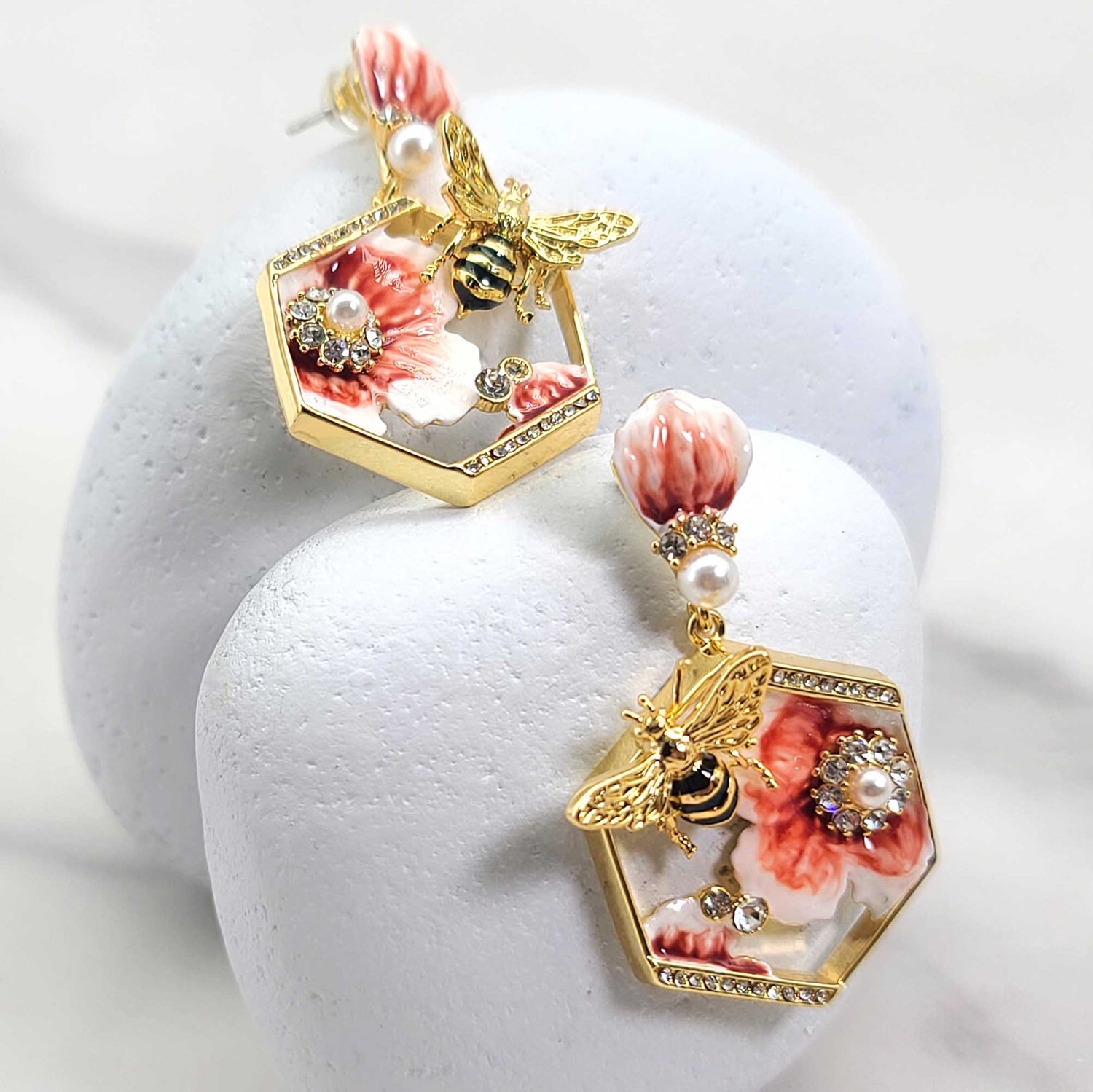 Bee & Flower Earrings – Hand-Painted Enamel with Pearl & CZ | Gold