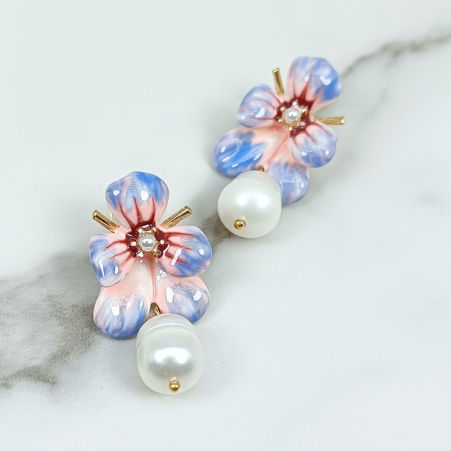 Hand-Painted Pansy Flower Enamel & Pearl Drop Earrings – Gold Plated