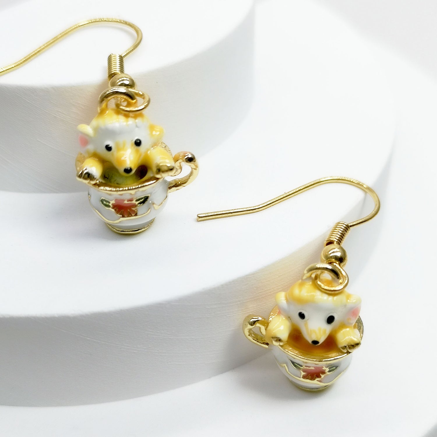 Whimsical Mouse in Teacup Earrings – Handpainted Enamel Gold-Plated Statement Jewelry
