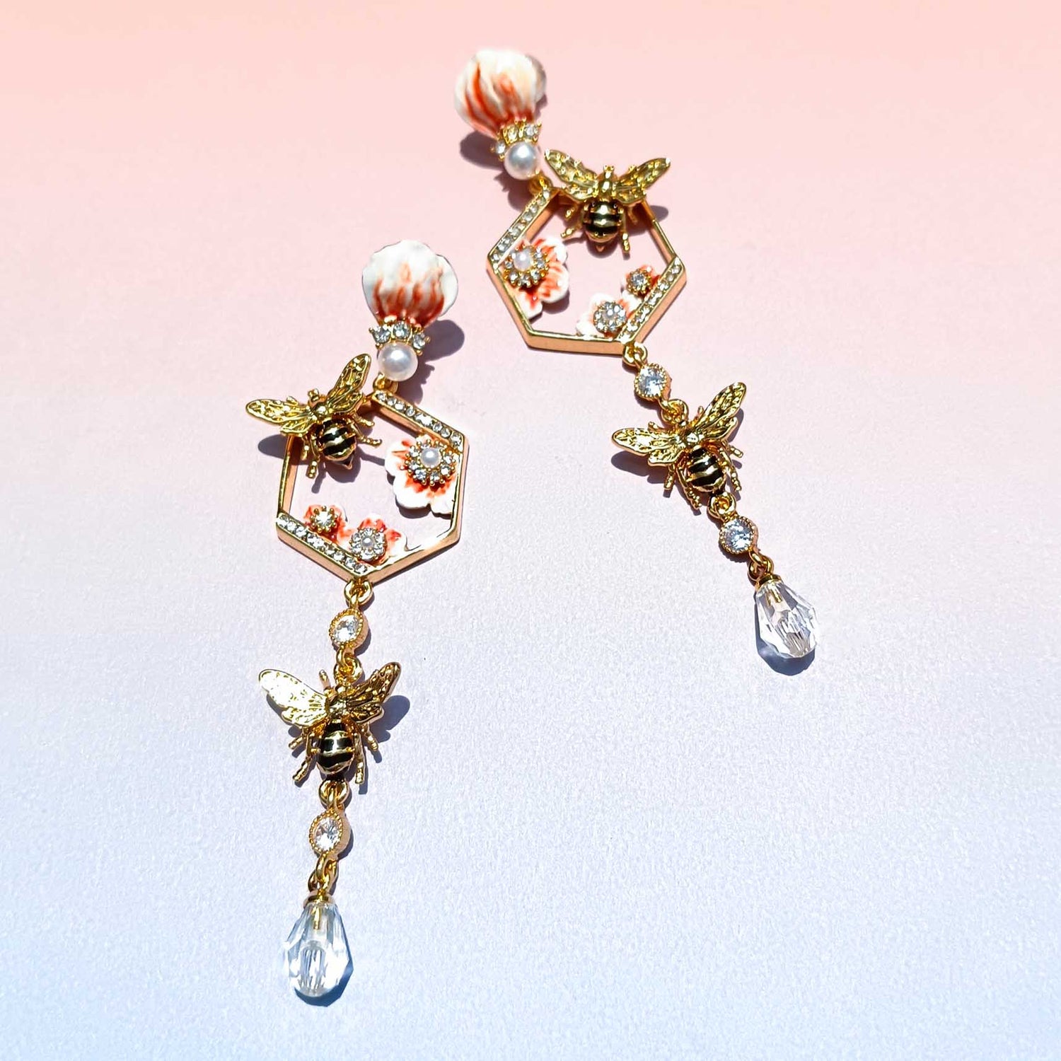 Hand-Painted Bee & Flower Drop Earrings – Enamel Honeycomb Design with Crystals