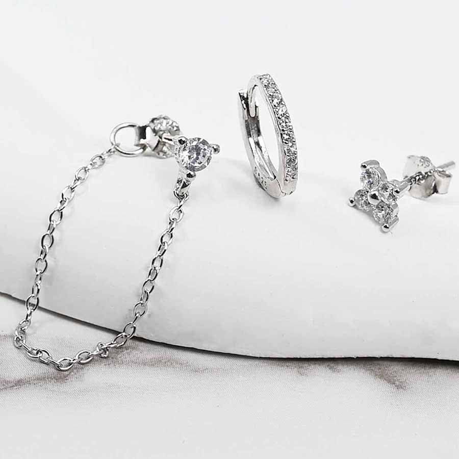Sparkling Trio: 3-Piece Earring Set in Silver & Gold – Cubic Zirconia & Chain Accents