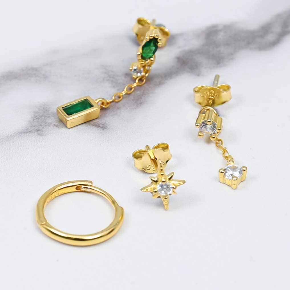 Green and Gold Earring Set – 6-Piece 925 Silver Gold-Plated Mix for Stylish Layering