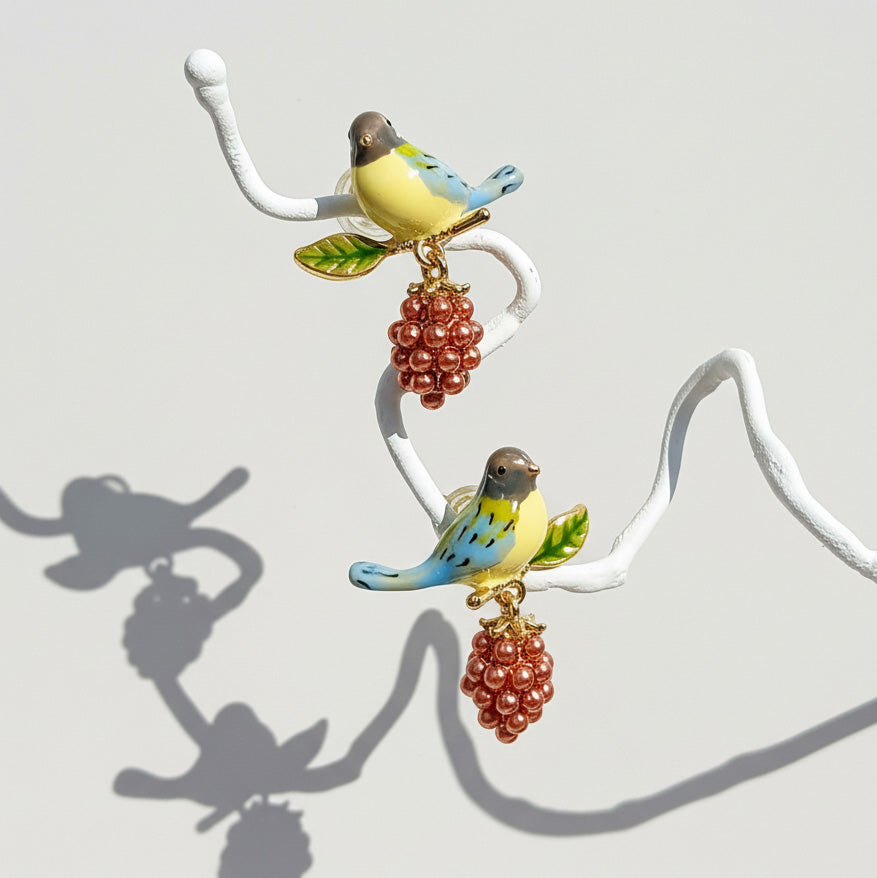 Pair of earrings with bird and berry design on a white background