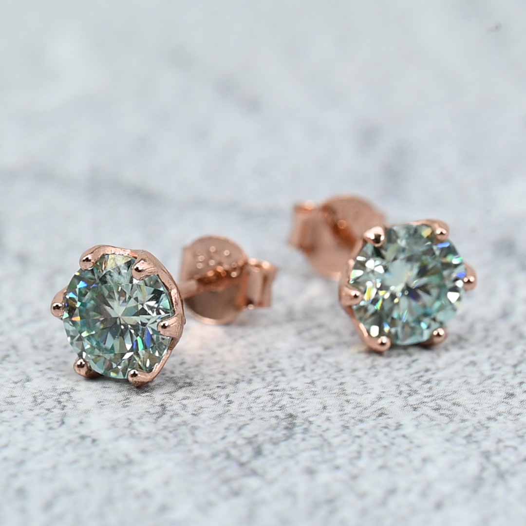 Rose Gold Plated Sterling Silver Blue Topaz Lab Grown Diamond Stud Earrings