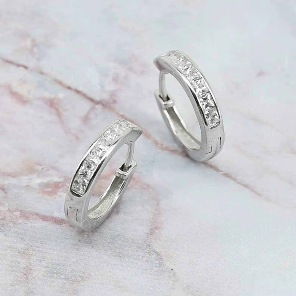 Platinum Plated Sterling Silver Brilliant Square Cut Cubic Zirconia Hoop Earrings