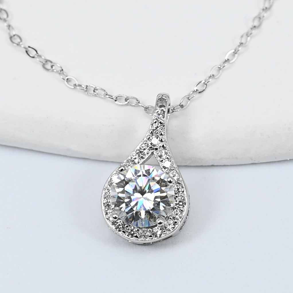 Sterling Silver Brilliant Round Cut Lab Grown Moissanite Diamond Cluster Pear Shaped Pendant Necklace
