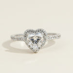 Heart-shaped lab-grown diamond halo ring in platinum-plated sterling silver with pavé band