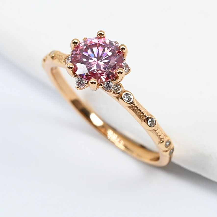 Six-claw Flower Design Gold Plated Sterling Silver Pink Round Lab Grown Moissanite Diamond Ring