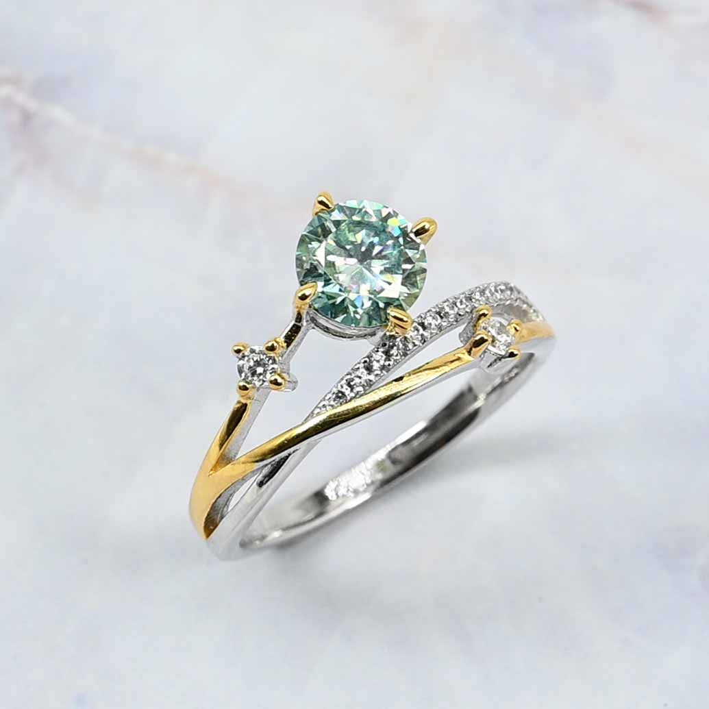 Sterling Silver Green Round Lab Grown Moissanite Diamond and Two White Lab Grown Diamond Ring