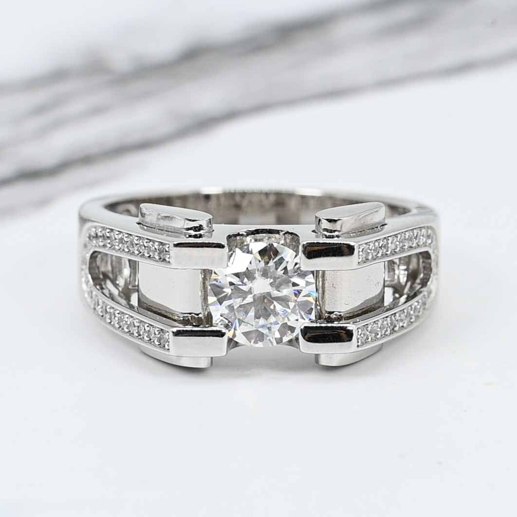 Men Sterling Silver and Platinum Plated Brilliant Cut Single Round 1.0ct Lab Grown Moissanite Diamond Ring
