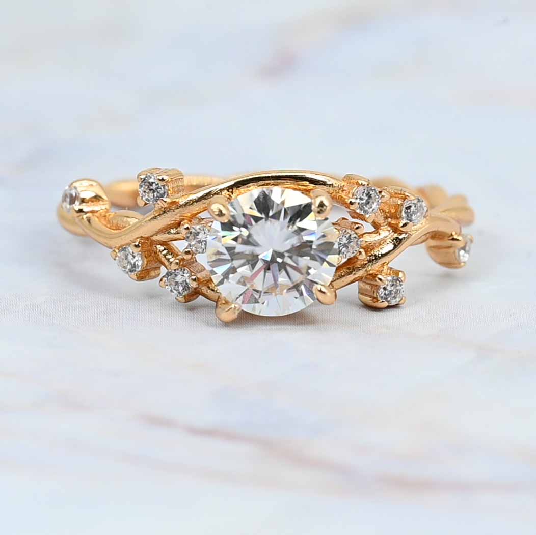 Gold Plated Sterling Silver Twisted Leaves Lab Grown Diamond Ring , S925 Spiral Eternity Moissanite Ring