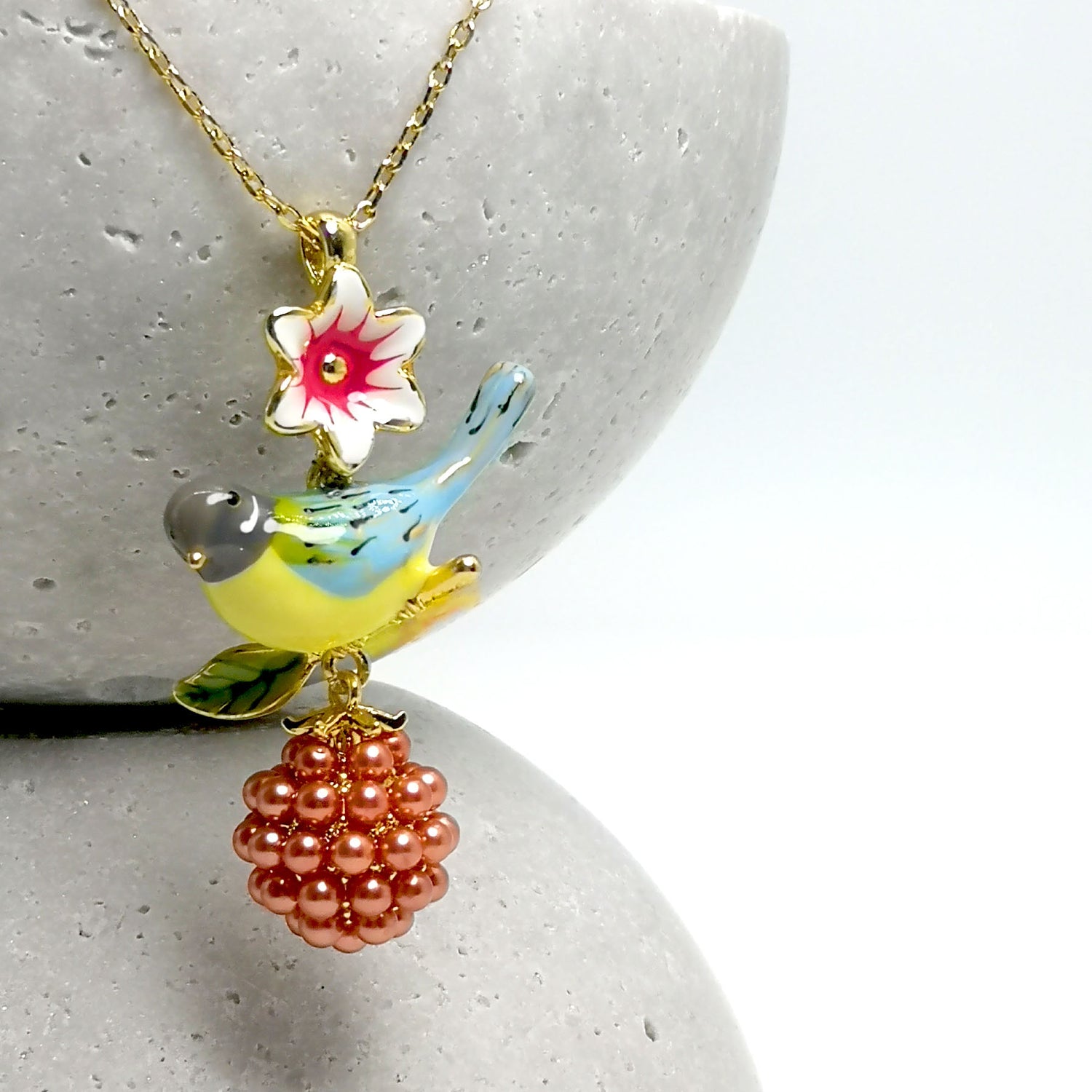 Handpainted Bird & Flower Enamel Necklace – Brass with Beaded Berry Charm