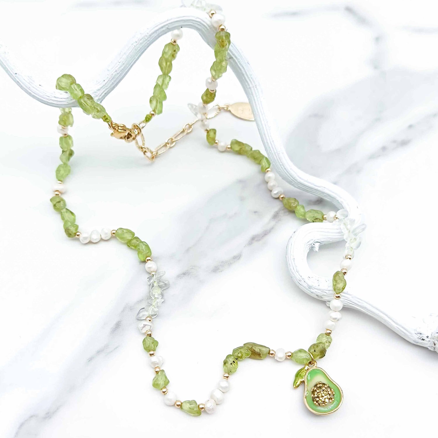 Avocado Charm Beaded Necklace – Green Peridot, Freshwater Pearls & Clear Crystal