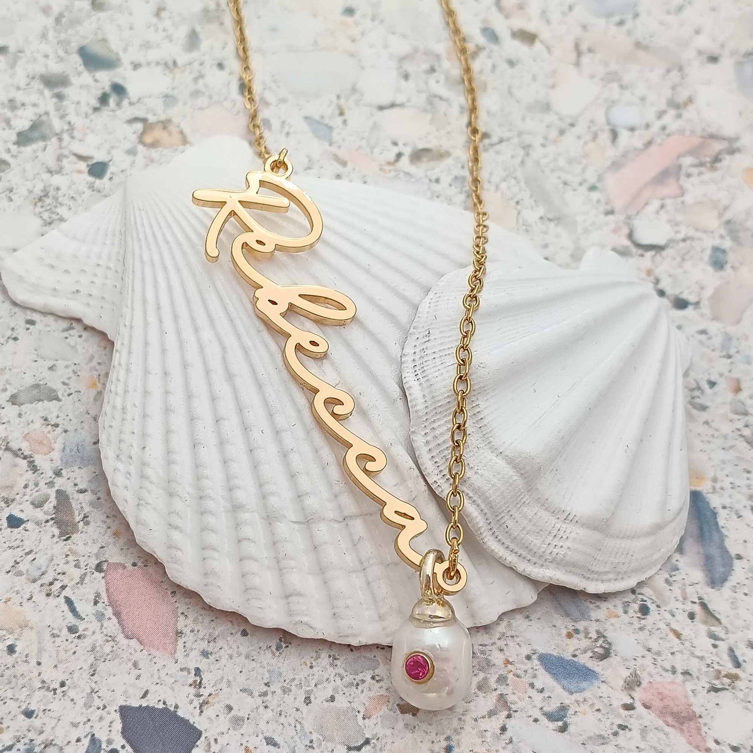 Custom Name Necklace with Pearl Birthstone Charm – Stainless Steel Gold-Plated