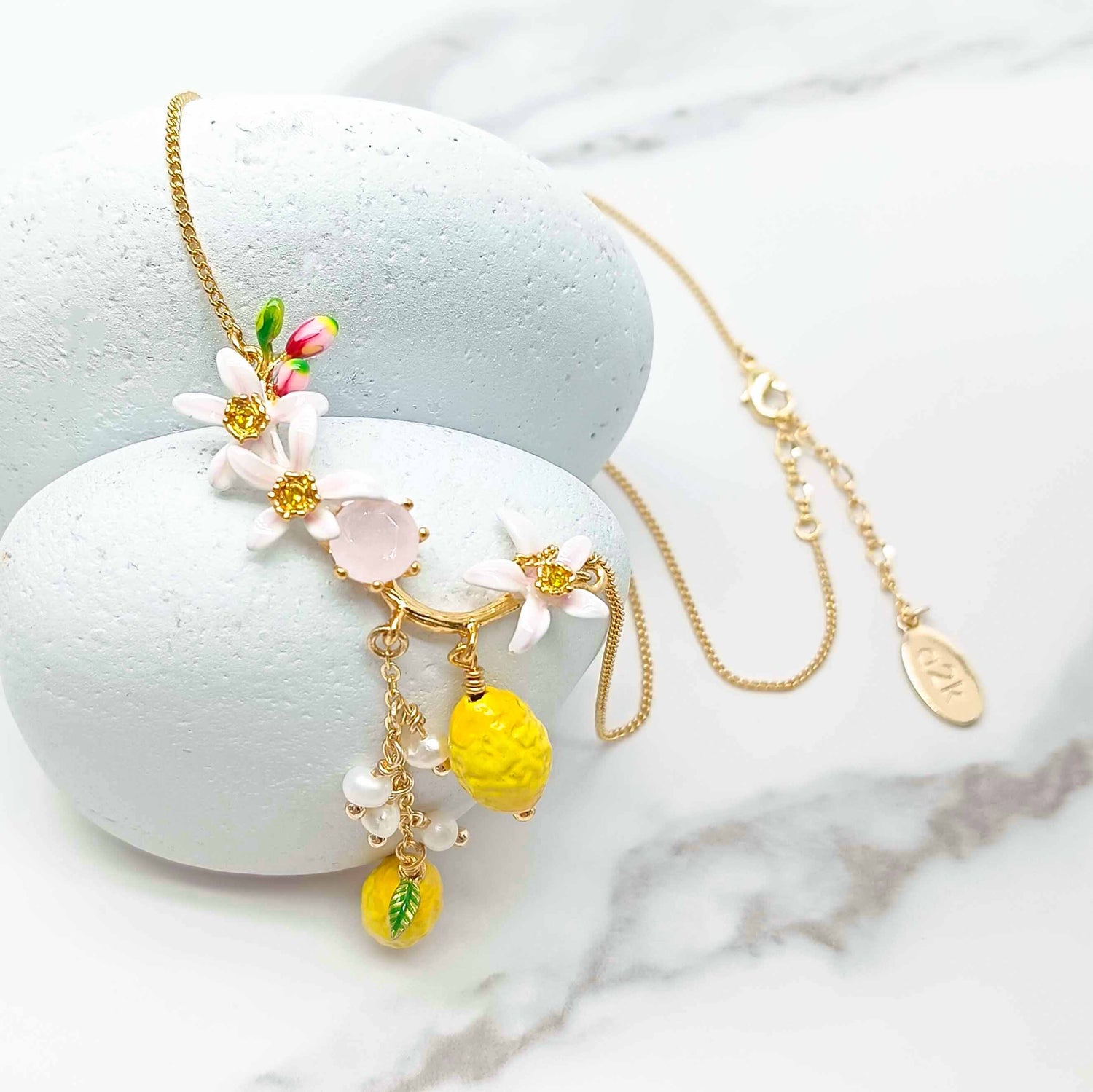 Daisy & Lemon Drop Necklace with Freshwater Pearls – Handpainted Enamel Summer Jewelry