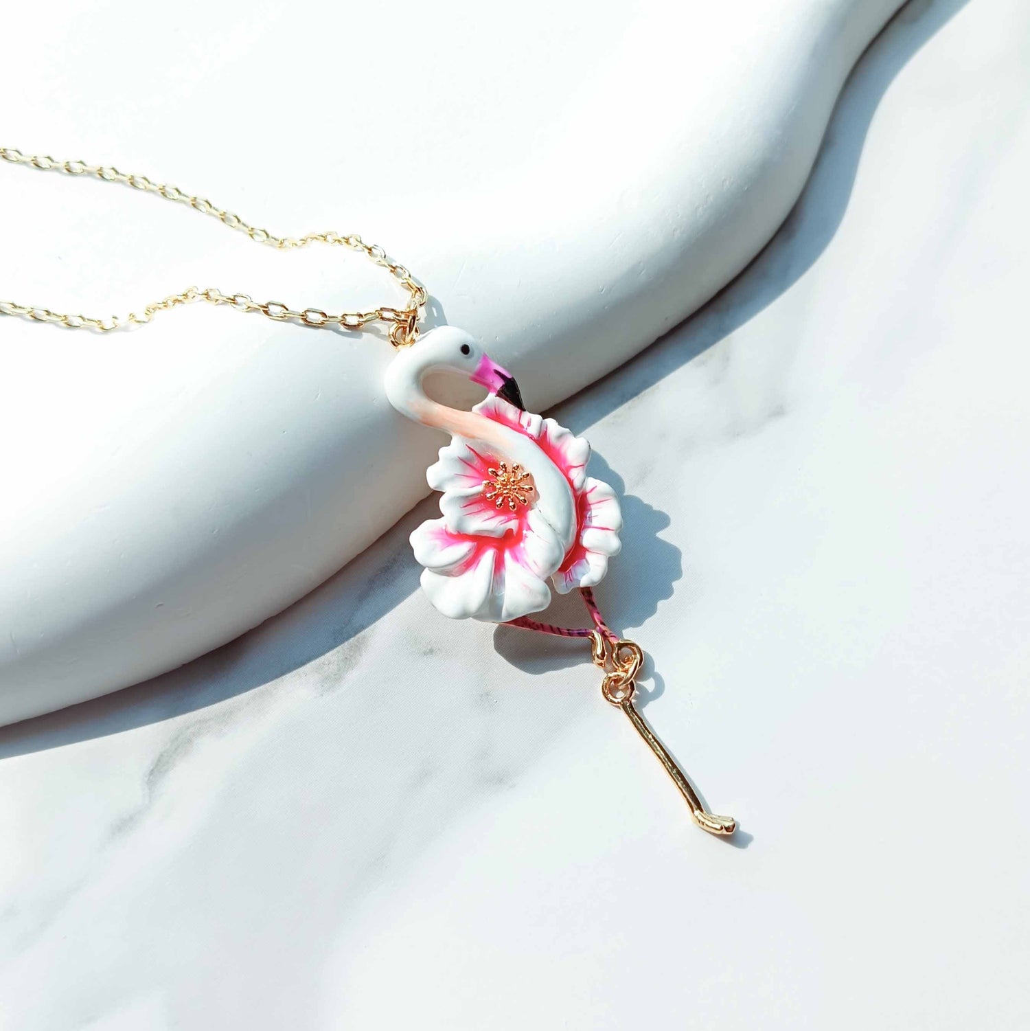 Flamingo Enamel Pendant Necklace – Handpainted Tropical Bird Jewelry
