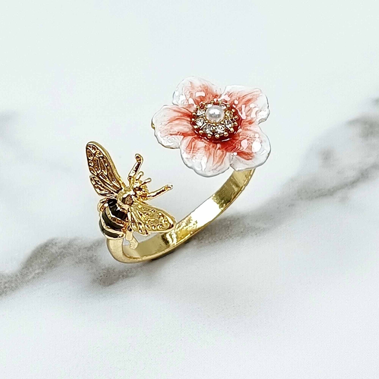 Bee & Blossom Adjustable Ring – Hand-Painted Enamel on Gold-Plated Brass