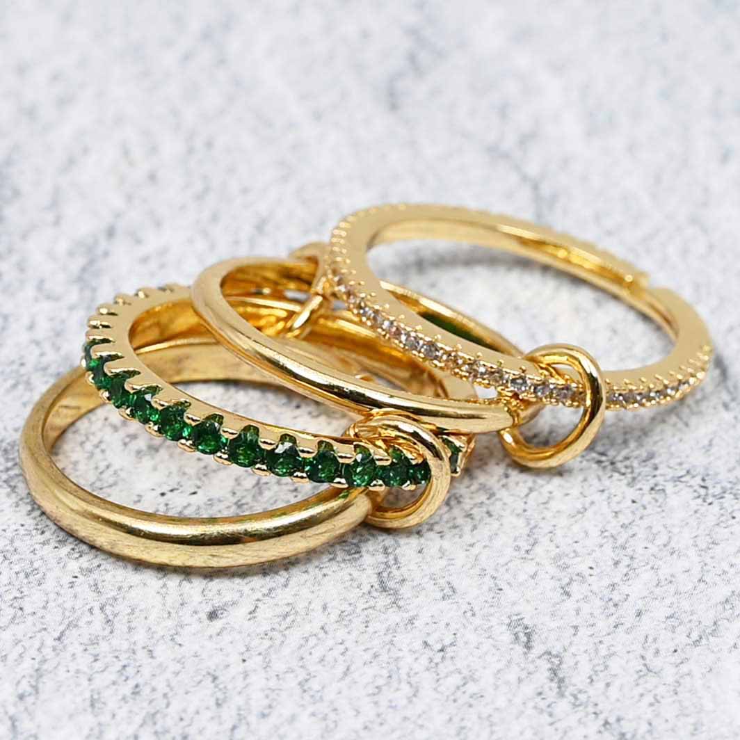Adjustable Linked Gold Stackable Rings – Set of 4 with Emerald & Clear Cubic Zirconia