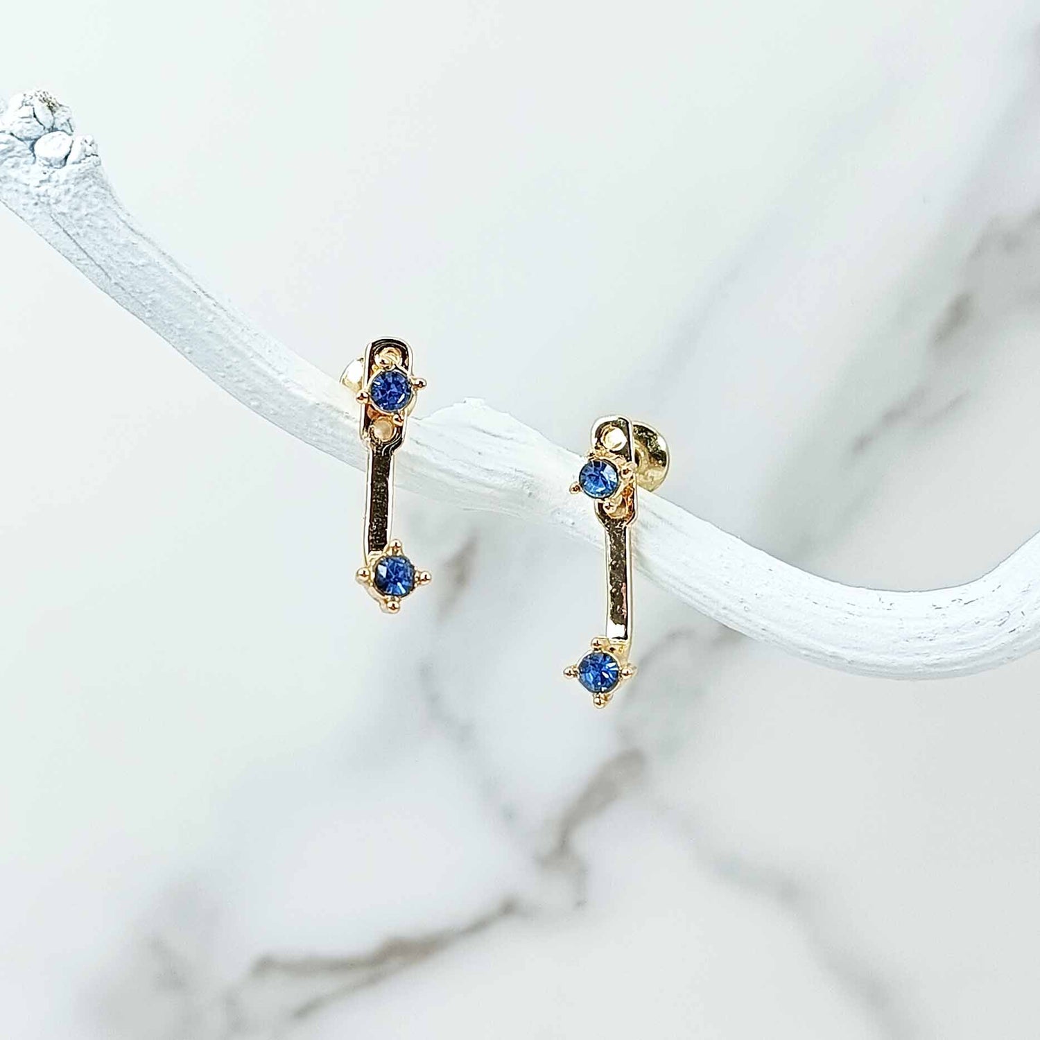 Celestial Drop Birthstone Stud Earrings – 12 Month Gold Bar Design