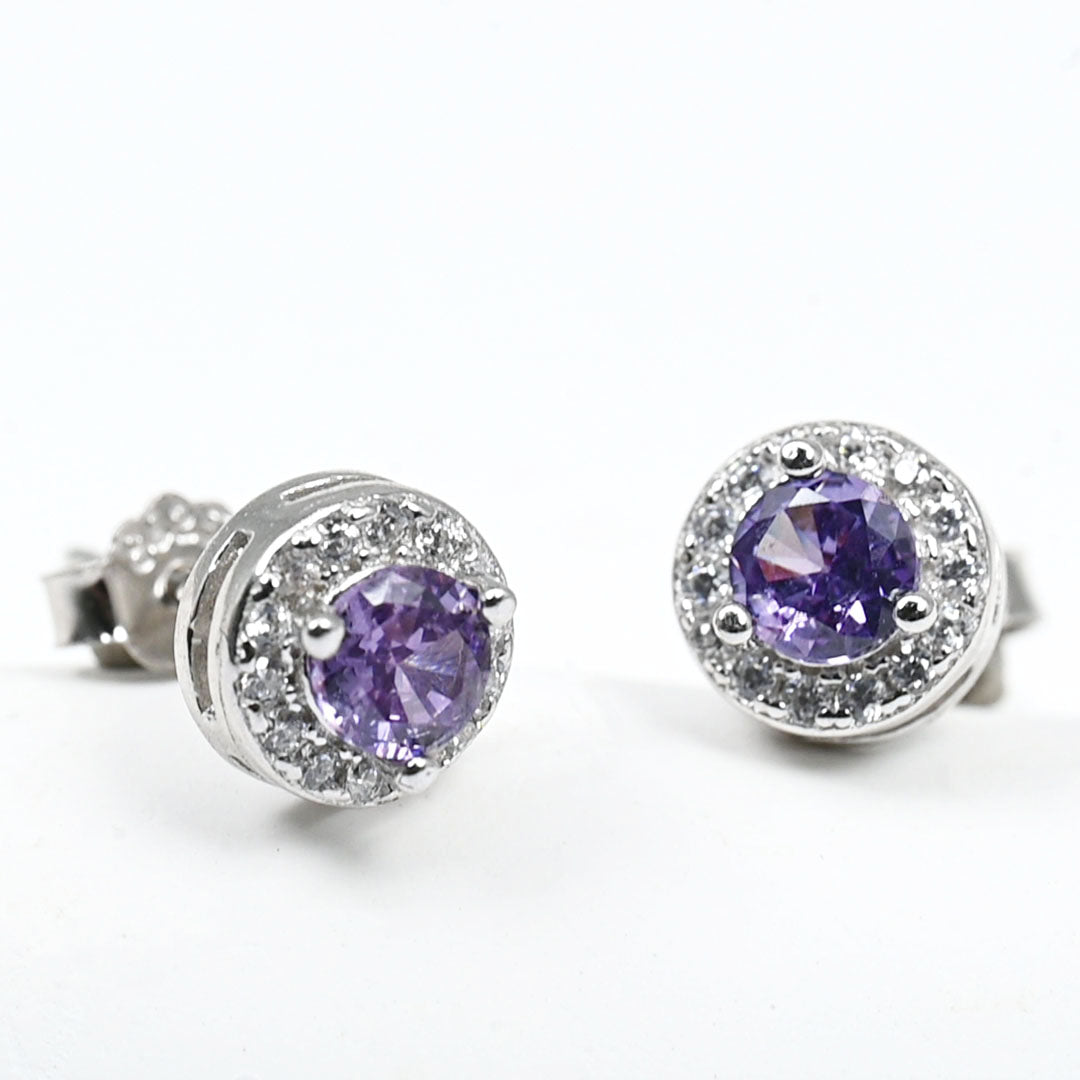 925 Silver Halo Birthstone Stud Earrings – 12 Month Colors